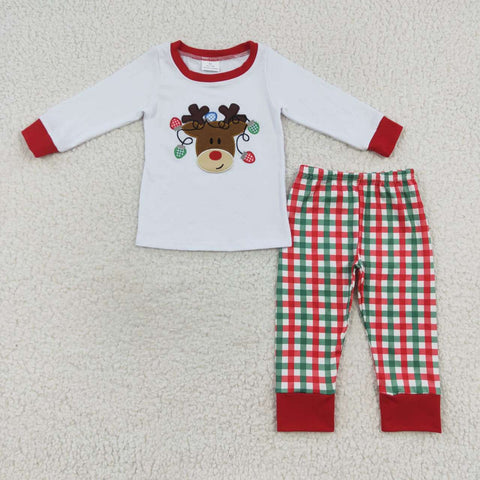 BLP0218 Embroidery Christmas Elk Plaid Boy's Pajamas Set