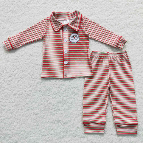 BLP0221 Embroidery Christmas Santa Red Stripe Buttons Boy's Pajamas Set