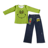 BLP0225 Christmas Green Cartoon Denim Jeans 2 Pcs Set