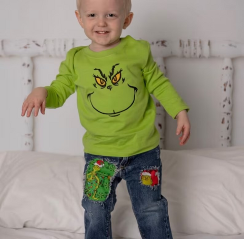 BLP0225 Christmas Green Cartoon Denim Jeans 2 Pcs Set