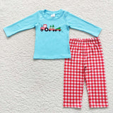 Christmas Embroidery Trees Car Truck Blue Kids Sibling Matching Clothes