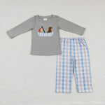 LR0690/BLP0350 Embroidery Fishing Dog Plaid Grey Kids Sibling Matching Clothes