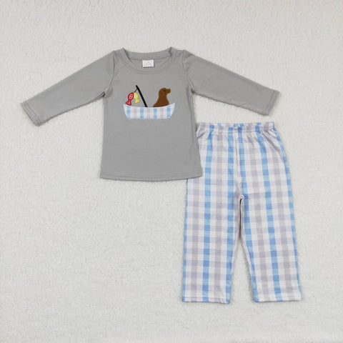 LR0690/BLP0350 Embroidery Fishing Dog Plaid Grey Kids Sibling Matching Clothes