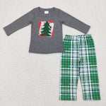 BLP0351 Embroidery Christmas Trees Green Plaid Boy Set