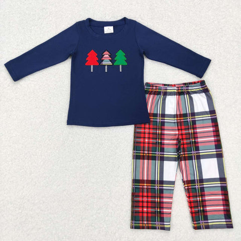 BLP0352 Embroidery Christmas Trees Red Plaid Boy Set