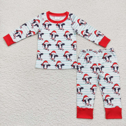 BLP0356 Christmas Cow Stripe Red Kids Pajamas Set