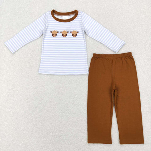 BLP0377 Embroidery Cow Brown Stripe Boy Set