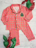 BLP0378 Embroidery Christmas Tree Red Plaid Boy Pajamas Set