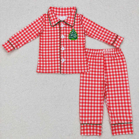 BLP0378 Embroidery Christmas Tree Red Plaid Boy Pajamas Set