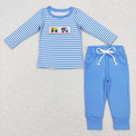 BLP0393 Embroidery Fire truck Blue Stripe Girl's Set