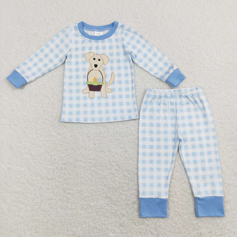 BLP0432 Easter Bunny Egg Dog Blue Plaid Boy Pajamas Set