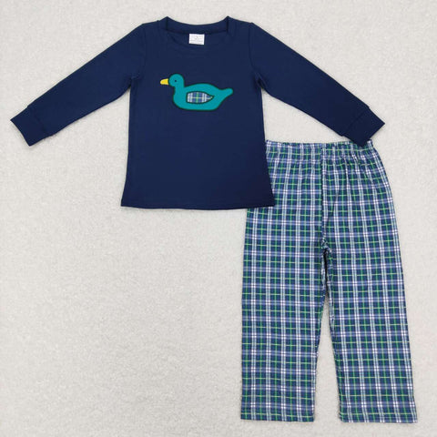 BLP0440 Embroidery Mallard Blue Plaid Boys Set