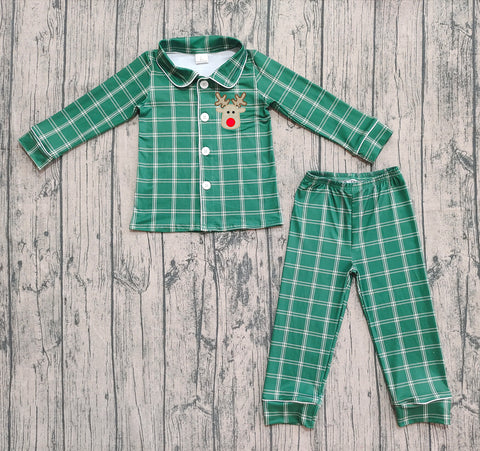 Preorder Samples BLP0545 Embroidery Christmas Elk Green Plaid Boys Pajamas Set