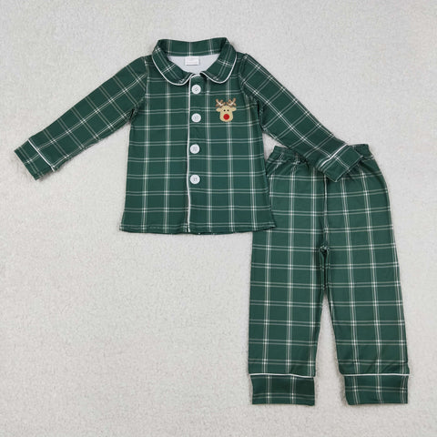BLP0545 Embroidery Christmas Elk Green Plaid Boys Pajamas Set