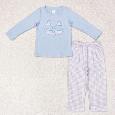 BLP0562 Embroidery Halloween Pumpkin Blue Boys Pajamas Set