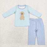 BLP0592 Embroidery Dog Sky Blue Stripe Boys Set