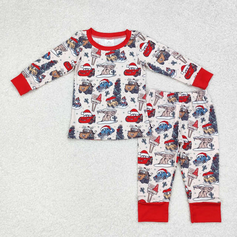 BLP0595 Christmas Cars Cartoon Red Boys Pajamas Set