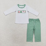 BLP0603 Embroidery Christmas Snowman Green Plaid Boys Set