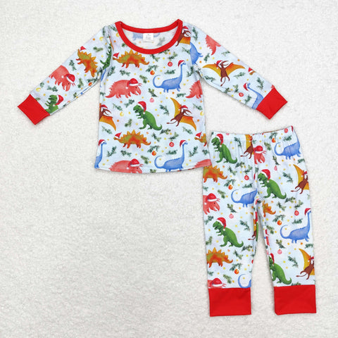 BLP0664 Bamboo Christmas Dinosaur Red Boys Pajamas Set