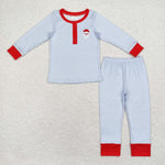 BLP0677 Embroidery Christmas Santa Blue Stripe Boys Pajamas Set