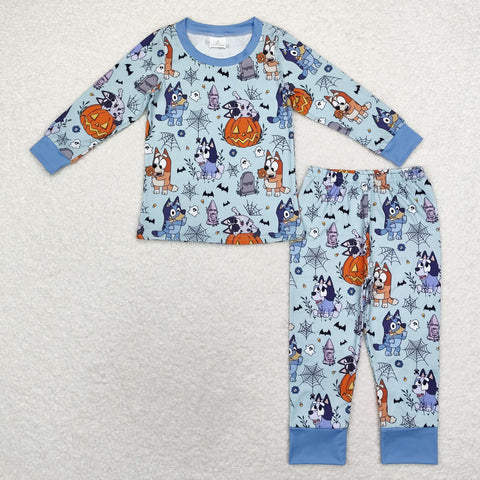 BLP0726 Halloween Pumpkin Cartoon Blue Dog Boys Pajamas Set