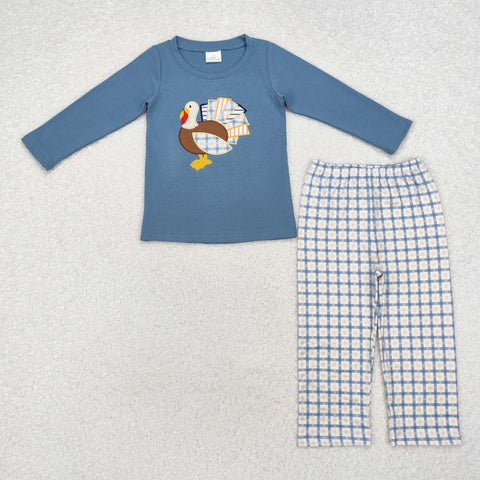 BLP0742 Embroidery Thanksgiving Turkey Blue Boys Set