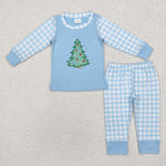 BLP0749 Embroidery Christmas Trees Blue Boys Pajamas Set