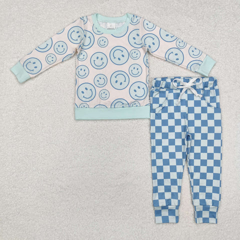 BLP0798 Smiley Face Blue Plaid Boys Set