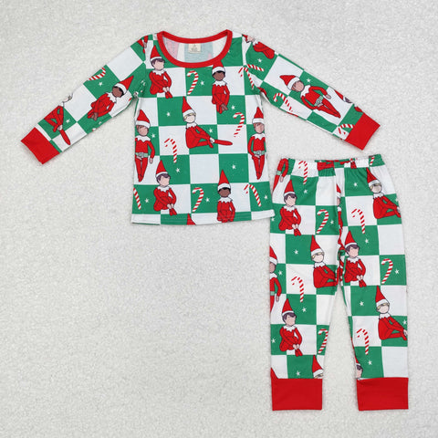 BLP0875 Bamboo Christmas Candy Canes Elf Plaid Boys Pajamas Set