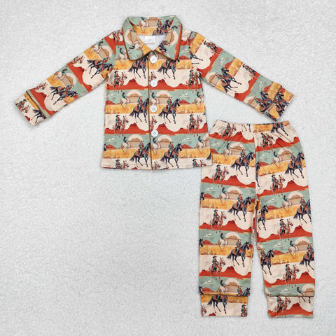 BLP0902 Western Cowboy Horse Riding Buttons Girls Pajamas Set