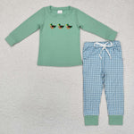 BLP1021 Embroidery Mallard Ducks Green Plaid Boys Set