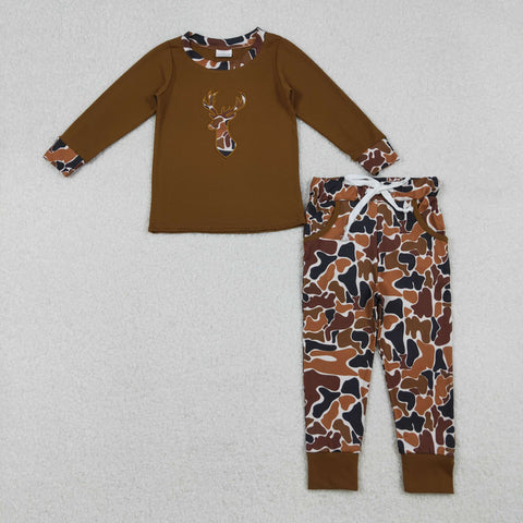BLP1078 Embroidery Hunting Camo Elk Brown Boys Jogger Set