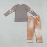 BLP1098 Embroidery Halloween Pumpkin Dog Plaid Boys Set