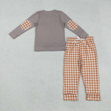 BLP1098 Embroidery Halloween Pumpkin Dog Plaid Boys Set