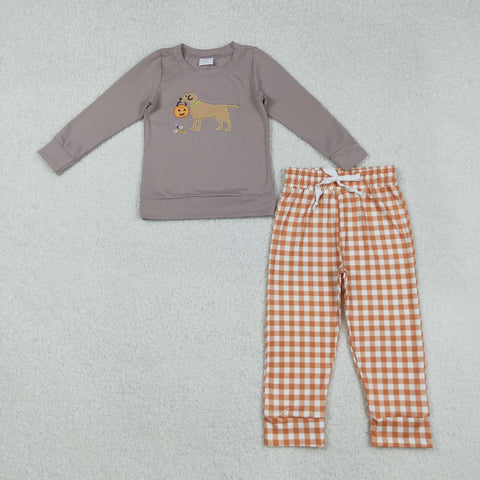 BLP1098 Embroidery Halloween Pumpkin Dog Plaid Boys Set