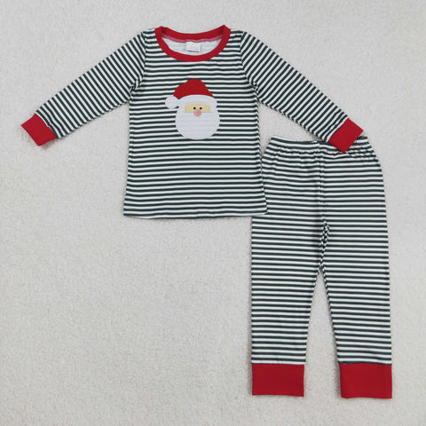 BLP1126 Embroidery Christmas Santa Green Stripe Boys Pajamas Set