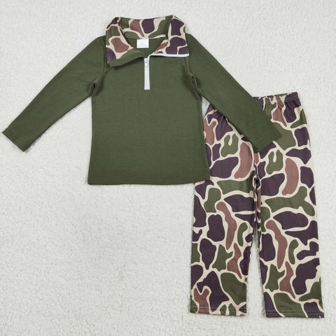 BLP1138 Hunting Camo Army Green Kids Zipper Pullover Boys Set
