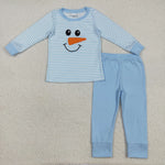 BLP1150 Embroidery Winter Snowman Blue Stripe Boys Set