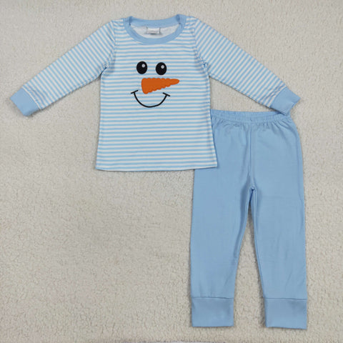BLP1150 Embroidery Winter Snowman Blue Stripe Boys Set