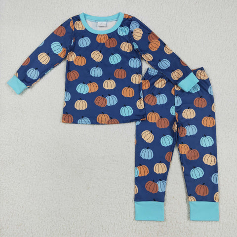 BLP1153 Fall Pumpkin Blue Boys Pajamas Set