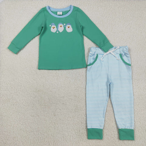 BLP1168 Embroidery Christmas Santa Green Stripe Boys Set