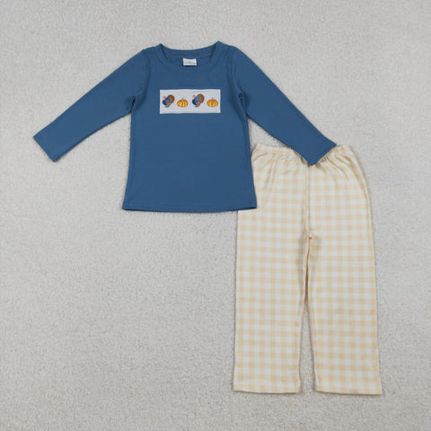 BLP1176 Embroidery Thanksgiving Turkey Pumpkin Orange Boys Set