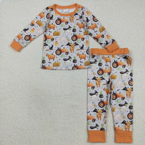 BLP1179 Halloween Cow Pumpkin Car Orange Boys Pajamas Set