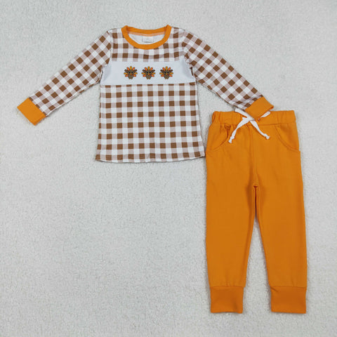 BLP1186 Embroidery Thanksgiving Day Turkey Orange Boys Set