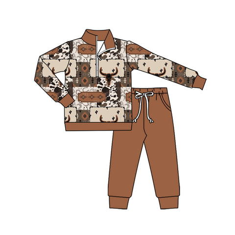 Preorder MOQ 5 pcs BLP1199 Western Skull Bull Brown Boys Set