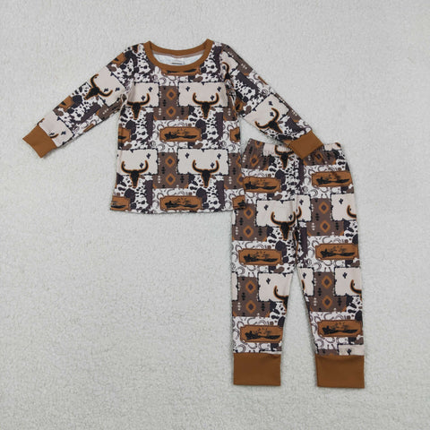 BLP1200 Western Skull Bull Brown Boys Pajamas Set