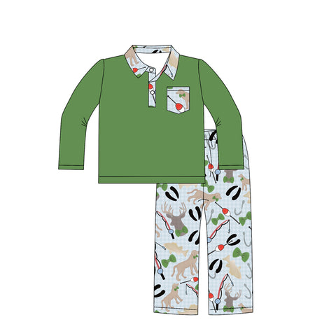 Preorder MOQ 5 pcs BLP1221 Hunting Fishing Dog Green Pullover Boys Set