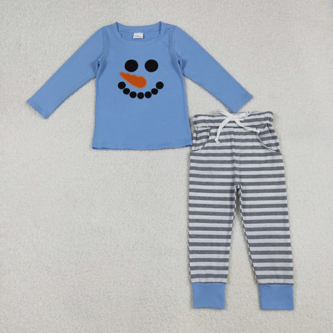 BLP1231 Embroidery Snowman Blue Stripe Boys Pajamas Set