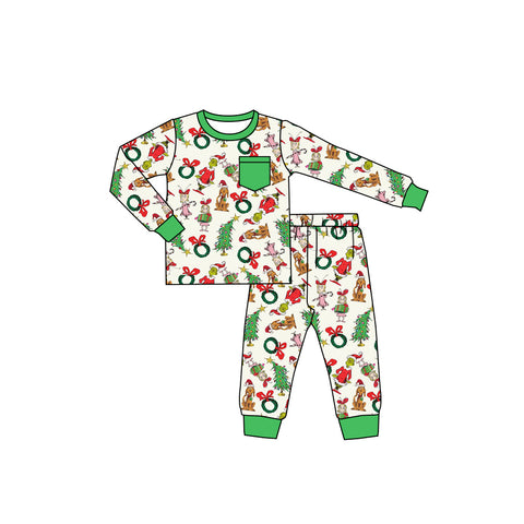 Preorder 09.25 BLP1244 Christmas Green Animal Gift Boys Pajamas Set