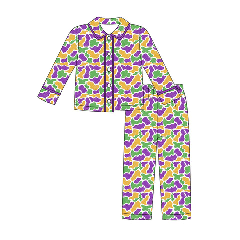 Preorder 10.03 MOQ 5 pcs BLP1292 Mardi Gras Camo Buttons Boys Pajamas Set